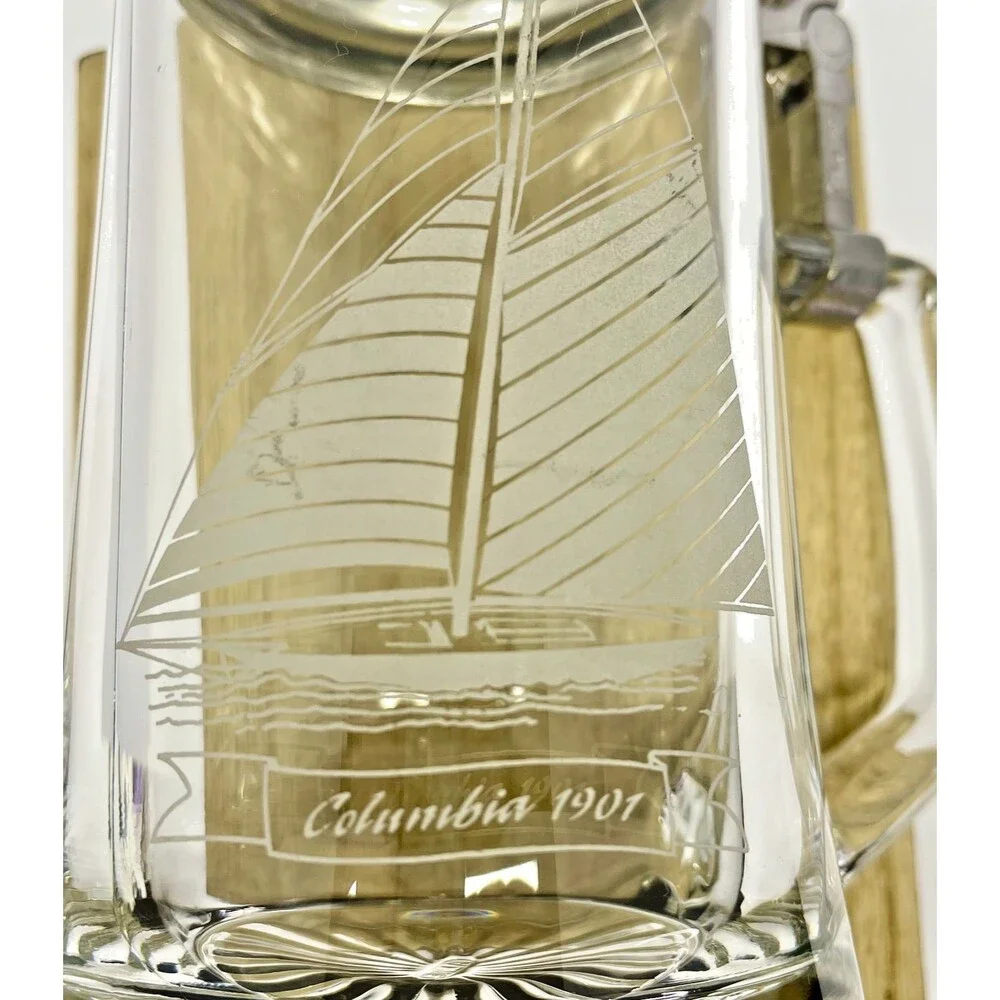Old Spice Columbia 1901 Beer Stein ALWE Etched Glass Pewter Anchor Lid W Germany